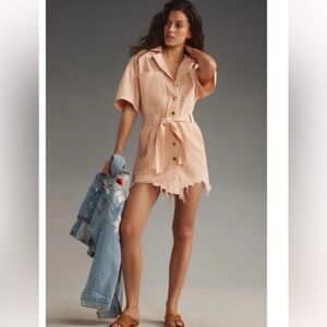 Pilcro Peach Button-Up Destructed Mini Denim Dress size Small